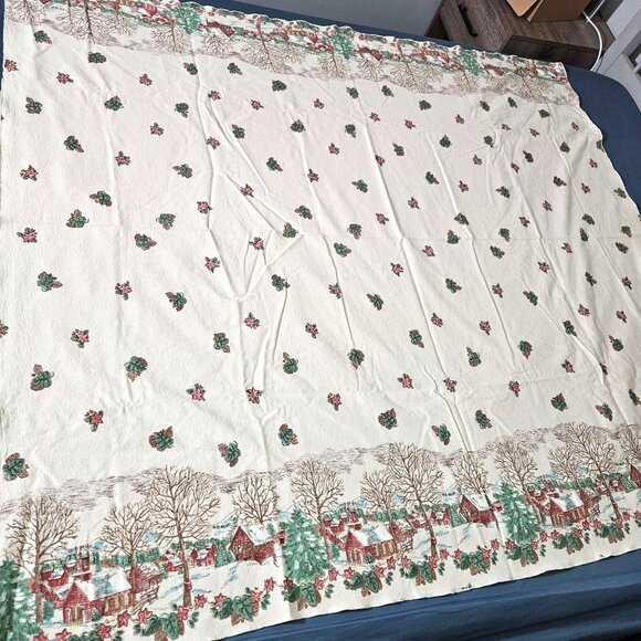 Winter Rustic Rectangle Tablecloth Linen Cloth Cover White Green Brown 61" x 55" - Picture 2 of 10